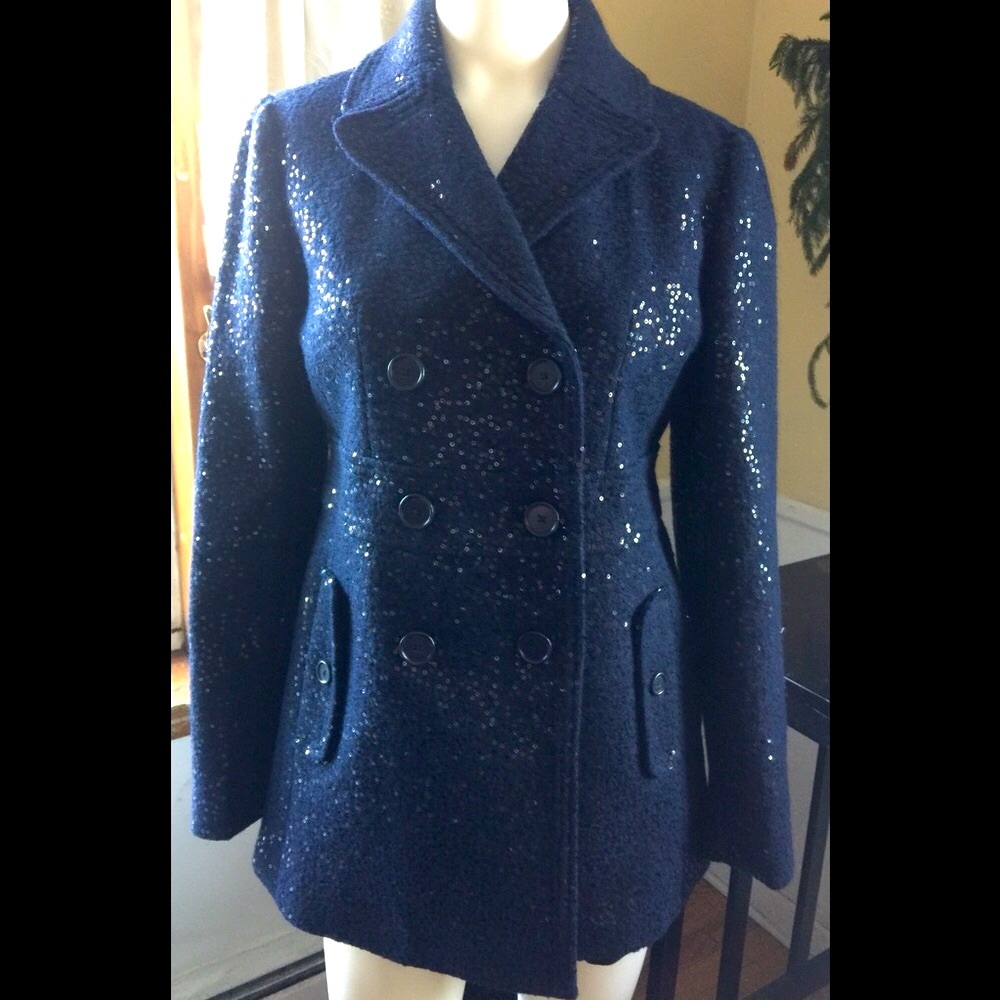 Ann Taylor LOFT Blue Wool Sequined Peacoat Size 0